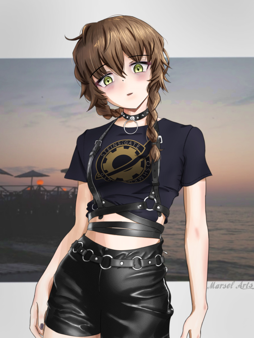 1girl, absurdres, alternate_costume, amane_suzuha, amane_suzuha_(beta), arms_at_sides, artist_name, bags_under_eyes, belt, black_shirt, black_shorts, braid, breasts, brown_hair, collar, contrapposto, cowboy_shot, crop_top, evening, gears, goth_fashion, green_eyes, highres, leather_shorts, letterboxed, long_hair, matsel_arts, o-ring, o-ring_belt, o-ring_suspenders, ocean, outdoors, parted_lips, pier, punk, punkish_gothic, science_adventure, shirt, shorts, small_breasts, steins;gate, studded_choker, t-shirt, twilight, twin_braids, umbrella