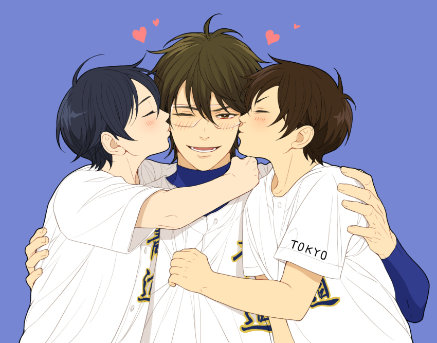 3boys, ace_of_diamond, aged_down, black_hair, blush, brown_eyes, brown_hair, cheek_kiss
