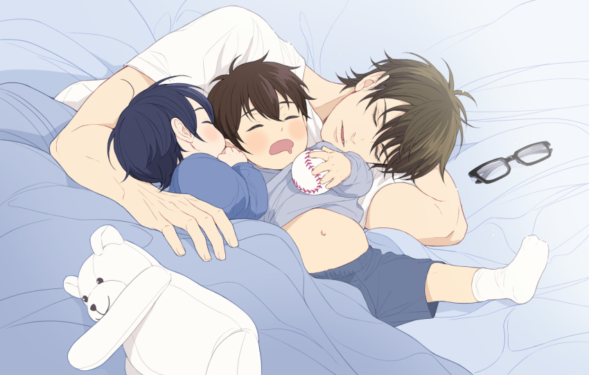 3boys, ace_of_diamond, baby, ball, bed, black_hair, blanket, brown_hair, clothes_lift, closed_eyes, unworn_eyewear, furuya_satoru, glasses, highres, holding, holding_ball, lying, male_focus, miyuki_kazuya, multiple_boys, navel, on_bed, on_side, open_mouth, sawamura_eijun, shirt, shirt_lift, short_hair, shorts, sleeping, sleeping_on_person, smile, socks, stuffed_animal, stuffed_toy, teddy_bear, twoframe, under_covers