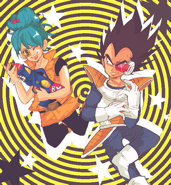 1boy, 1girl, bad_id, bad_pixiv_id, black_eyes, blue_eyes, blue_hair, bulma, dragon_ball, dragonball_z, pantyhose, pisuke_(pixiv984493), vegeta