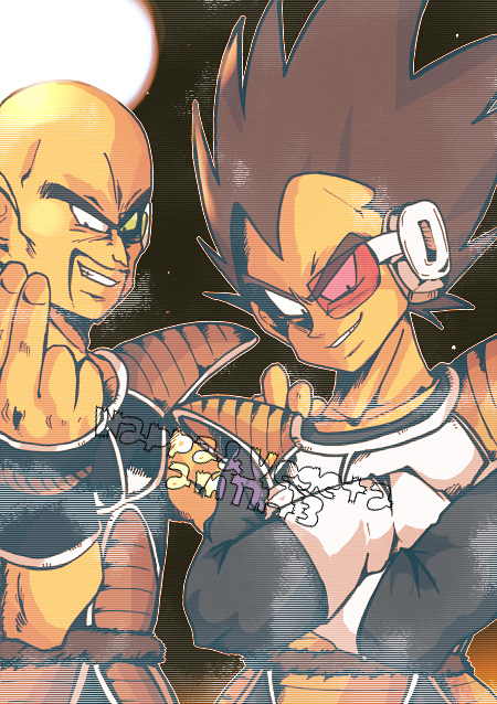 2boys, armor, bad_id, bad_pixiv_id, bald, black_hair, character_name, dragon_ball
