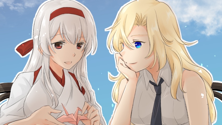 2girls, black_neckwear, blonde_hair, blue_eyes, breasts, commission, dress_shirt, grey_eyes