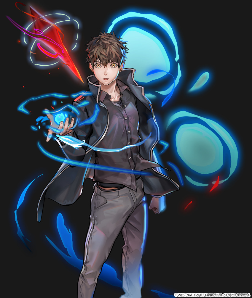 1boy, absurdres, black_background, black_jacket, black_shirt, brown_eyes, brown_hair, crystal