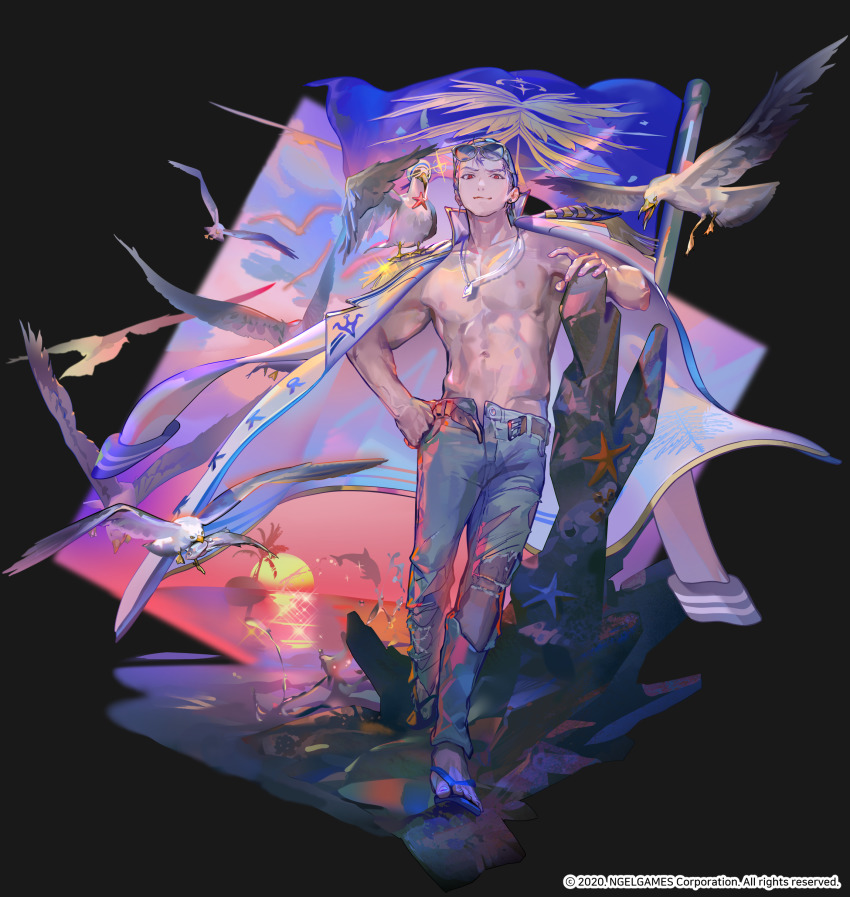 1boy, absurdres, animal, animal_on_shoulder, belt, bird, bird_on_shoulder, coat, coat_on_shoulders, unworn_coat, dolphin, earrings, closed_eyes, eyewear_on_head, flag, flip-flops, hero_cantare, highres, jewelry, leenim, looking_at_viewer, male_focus, muscular, muscular_male, navel, necklace, nipples, official_art, open_pants, pants, red_eyes, sandals, scenery, topless_male, short_hair, smile, solo, splashing, sunglasses, sunset, swim_cap, torn_clothes, torn_pants, tower_of_god, urek_mazino, water, white_hair