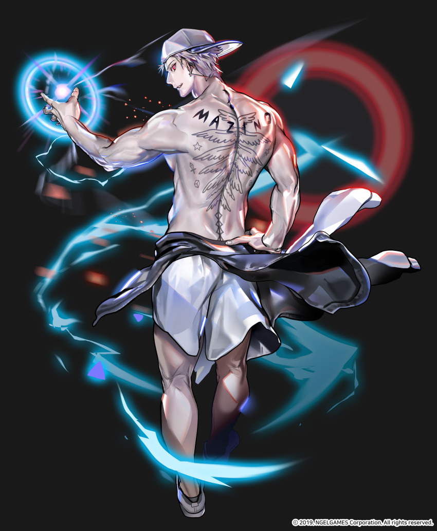 1boy, absurdres, back, back_tattoo, backwards_hat, baseball_cap, clothes_around_waist, earrings, grin, hand_on_own_hip, hat, hero_cantare, highres, jacket, jacket_around_waist, unworn_jacket, jewelry, leenim, looking_at_viewer, looking_back, magic, male_focus, muscular, muscular_male, official_art, red_eyes, topless_male, shoes, short_hair, shorts, smile, solo, tattoo, teeth, tower_of_god, urek_mazino, white_hair, white_shorts