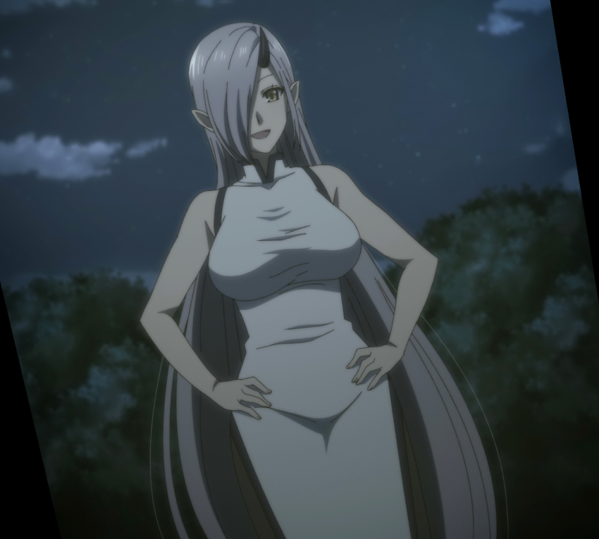 1girl, breasts, hair_over_one_eye, highres, horn, large_breasts, long_hair, meki_(peach_boy_riverside)