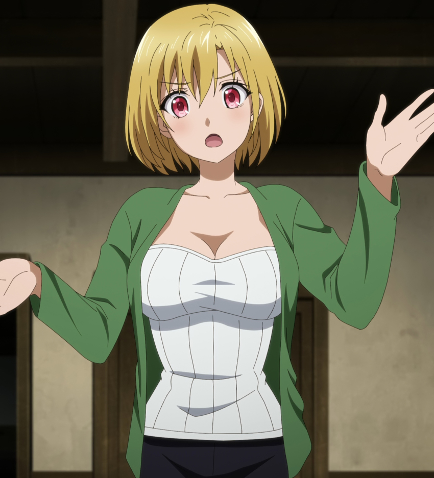 1girl, blonde_hair, breasts, cleavage, highres, large_breasts, looking_at_viewer, peach_boy_riverside