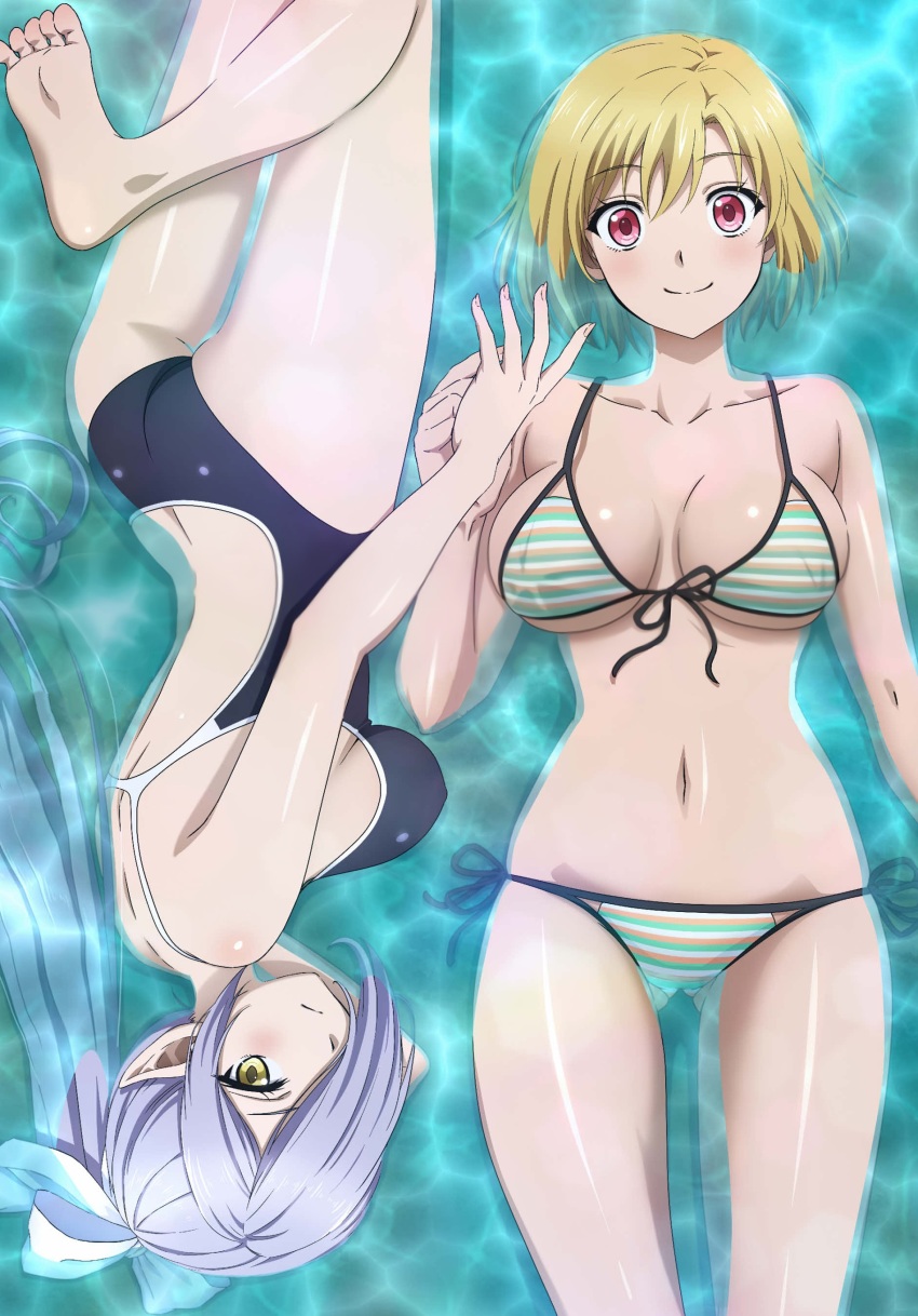 2girls, absurdres, ass, bikini, blonde_hair, breasts, butt_crack, cleavage, hair_over_one_eye, hair_ribbon, highres, large_breasts, long_hair, looking_at_viewer, meki_(peach_boy_riverside), multiple_girls, navel, peach_boy_riverside, pointy_ears, ponytail, purple_hair, red_eyes, ribbon, saltorynne_ardalake, smile, stitched, swimsuit, third-party_edit, underboob, water, yellow_eyes
