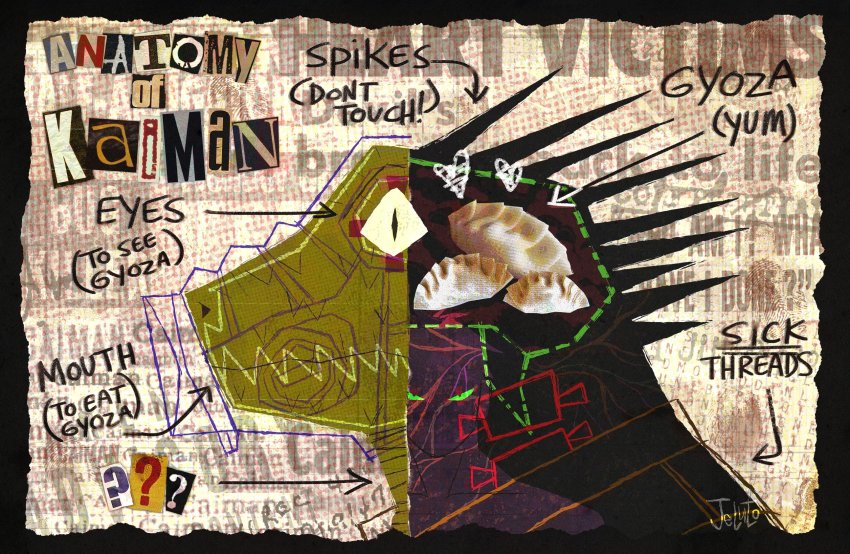 2boys, ?, abstract, caiman_(dorohedoro), curse_(dorohedoro), dorohedoro, dumpling, english_text, food, furry, furry_male, gas_mask, highres, jeluto, jiaozi, lizardman, mask, multiple_boys, sharp_teeth, slit_pupils, teeth