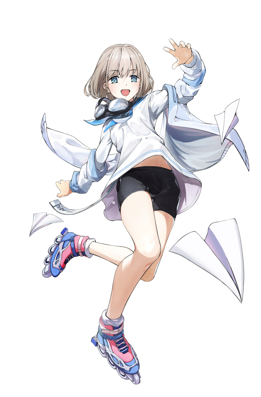 1girl, :d, arm_up, bike_shorts, black_shorts, blue_eyes, blush, commentary_request