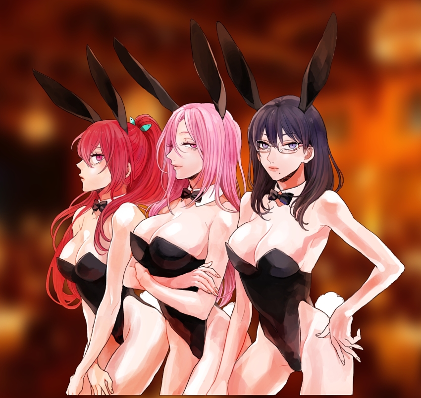 3girls, animal_ears, bare_legs, black_hair, blue_eyes, bow, bowtie, breasts, crossover, detached_collar, fake_animal_ears, free!, glasses, haikyuu!!, highres, kuroko_no_basuke, large_breasts, leotard, long_hair, looking_at_viewer, matsuoka_gou, mole, mole_under_mouth, momoi_satsuki, multiple_crossover, multiple_girls, pink_eyes, pink_hair, playboy_bunny, ponytail, rabbit_ears, rabbit_tail, red_eyes, red_hair, shimizu_kiyoko, smile, strapless, strapless_leotard, takashi_(calla)