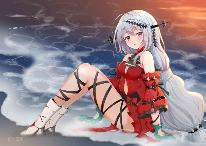 1girl, :o, absurdres, aqua_gloves, arknights, bare_shoulders, beach, black_ribbon