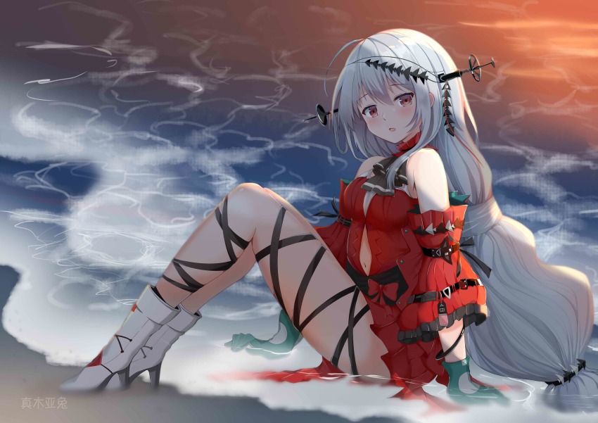 1girl, :o, absurdres, aqua_gloves, arknights, arm_support, bare_shoulders, beach, black_ribbon, blush, boots, breasts, clothing_cutout, commentary_request, detached_sleeves, dress, from_side, gloves, hair_between_eyes, hair_ornament, high_heel_boots, high_heels, highres, kk0220, knees_up, leg_ribbon, legs_together, long_hair, looking_at_viewer, looking_to_the_side, low-tied_long_hair, medium_breasts, navel_cutout, off-shoulder_dress, off_shoulder, official_alternate_costume, red_dress, red_eyes, ribbon, silver_hair, sitting, skadi_(arknights), skadi_the_corrupting_heart_(arknights), solo, thighs, white_boots