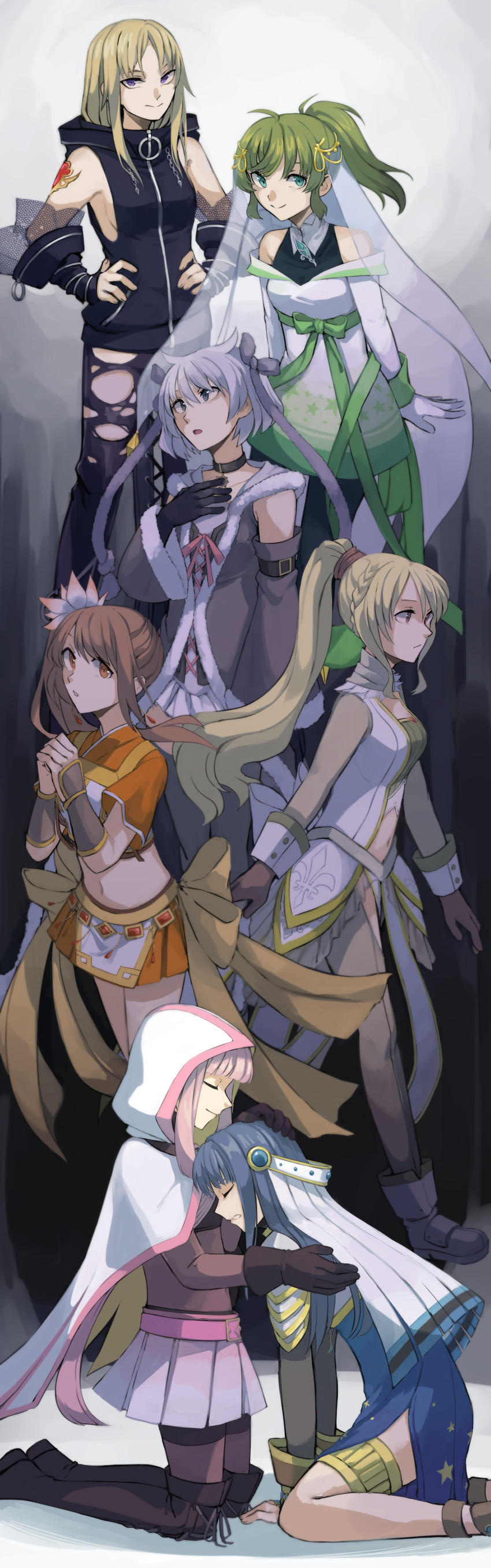 6+girls, absurdres, all_fours, ankle_boots, ankle_strap, anna_mel, arm_at_side, armor, arms_at_sides, azusa_mifuyu, back-to-back, back_bow, bare_legs, bare_shoulders, belt, bent_over, bike_shorts, black_background, black_belt, black_choker, black_footwear, black_gloves, black_hoodie, black_legwear, blonde_hair, blouse, blue_dress, blue_hair, blunt_bangs, bodystocking, boots, bow, braid, breasts, brown_footwear, brown_gloves, brown_hair, chain, chain_belt, chinese_clothes, choker, cleavage_cutout, cloak, closed_eyes, closed_mouth, clothing_cutout, collarbone, contrapposto, crop_top, cross-laced_clothes, cross-laced_footwear, cross-laced_legwear, dark_background, detached_sleeves, dress, earrings, facing_away, fingernails, fishnets, full_body, fur-trimmed_sleeves, fur_trim, gauntlets, gloves, gradient_background, green_bow, green_eyes, green_hair, green_legwear, grey_background, grey_eyes, grey_hair, grey_legwear, hair_between_eyes, hair_horns, hand_on_another's_head, hand_on_another's_shoulder, hand_on_own_chest, hand_up, hands_on_own_hips, hands_up, headpiece, high_collar, high_ponytail, highres, hime_cut, hip_armor, hood, hood_up, hoodie, hug, jewelry, kneeling, legs_together, light_smile, long_hair, looking_afar, magia_record:_mahou_shoujo_madoka_magica_gaiden, mahou_shoujo_madoka_magica, medium_breasts, midriff, moomoofoo, multiple_girls, nanami_yachiyo, navel, off_shoulder, orange_eyes, orange_skirt, own_hands_together, pantyhose, parted_bangs, parted_lips, pauldrons, pink_belt, pink_hair, pink_skirt, pleated_skirt, ponytail, profile, purple_eyes, ringed_eyes, sad, sandals, serious, shadow, shirt, short_hair, shoulder_armor, side_ponytail, side_slit, sideboob, sidelocks, sideways_glance, simple_background, skirt, sleeveless, sleeveless_hoodie, smile, soul_gem, star_(symbol), star_print, stomach_cutout, swept_bangs, tamaki_iroha, thigh_boots, thigh_cutout, thighhighs, thighlet, togame_momoko, torn_clothes, torn_legwear, tsurime, veil, waist_bow, walking, wavy_hair, white_background, white_bow, white_cloak, white_footwear, white_gloves, white_shirt, wide_sleeves, yellow_bow, yui_tsuruno, yukino_kanae, zipper