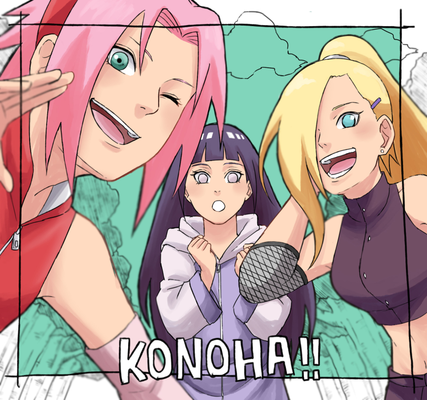 :d, :o, bad_id, bad_pixiv_id, black_hair, blonde_hair, border, earrings, forehead, forehead_protector, green_eyes, grey_jacket, hair_ornament, hair_over_one_eye, hairpin, haruno_sakura, highres, hyuuga_hinata, jacket, jewelry, long_hair, long_sleeves, looking_at_viewer, naruto_(series), naruto_shippuuden, navel, one_eye_closed, open_clothes, open_mouth, pink_hair, pinoko_(pnk623), ponytail, purple_shirt, red_shirt, shirt, short_hair, sleeveless, smile, teeth, white_eyes, yamanaka_ino