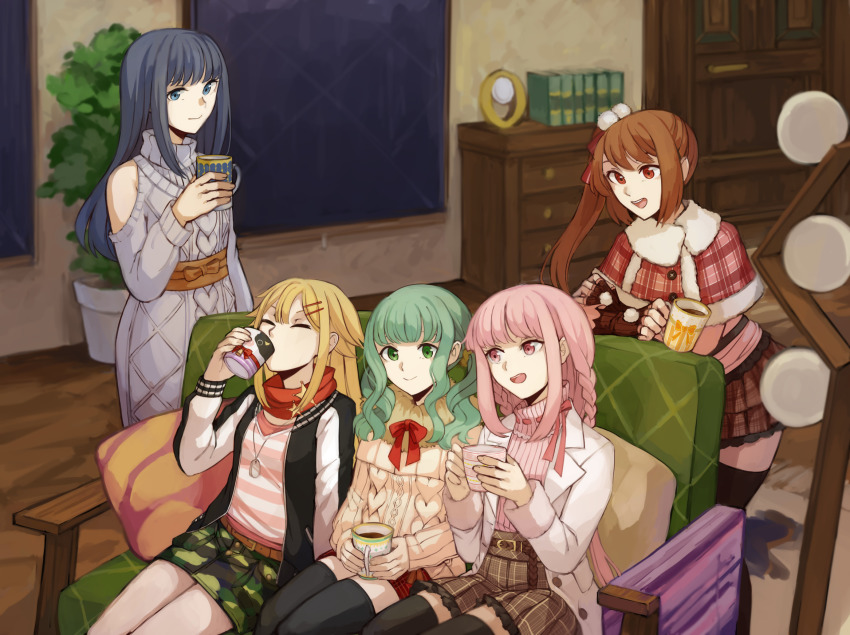 5girls, animal_print, aran_sweater, arm_at_side, arm_support, beige_sweater, belt, bent_over