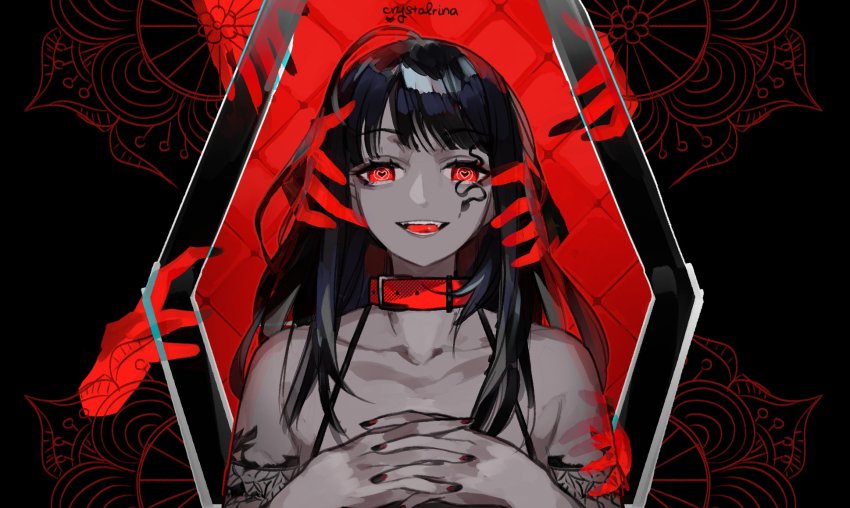 1girl, artist_name, black_hair, black_nails, coffin, collar, collarbone, eye_(vocaloid)