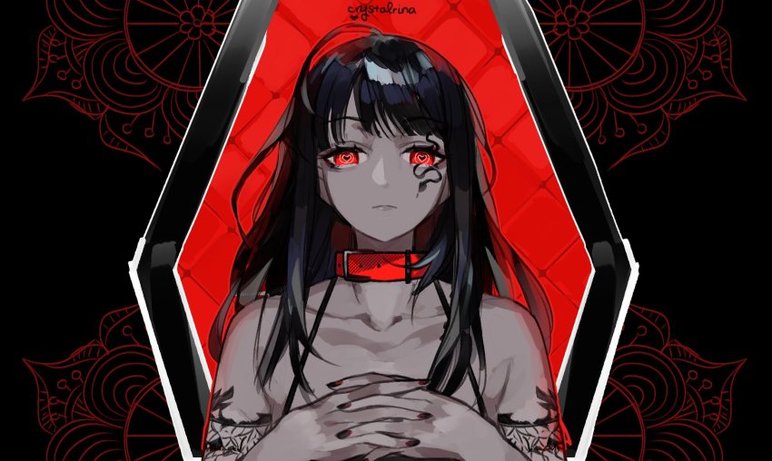 1girl, artist_name, black_hair, black_nails, closed_mouth, coffin, collar, collarbone