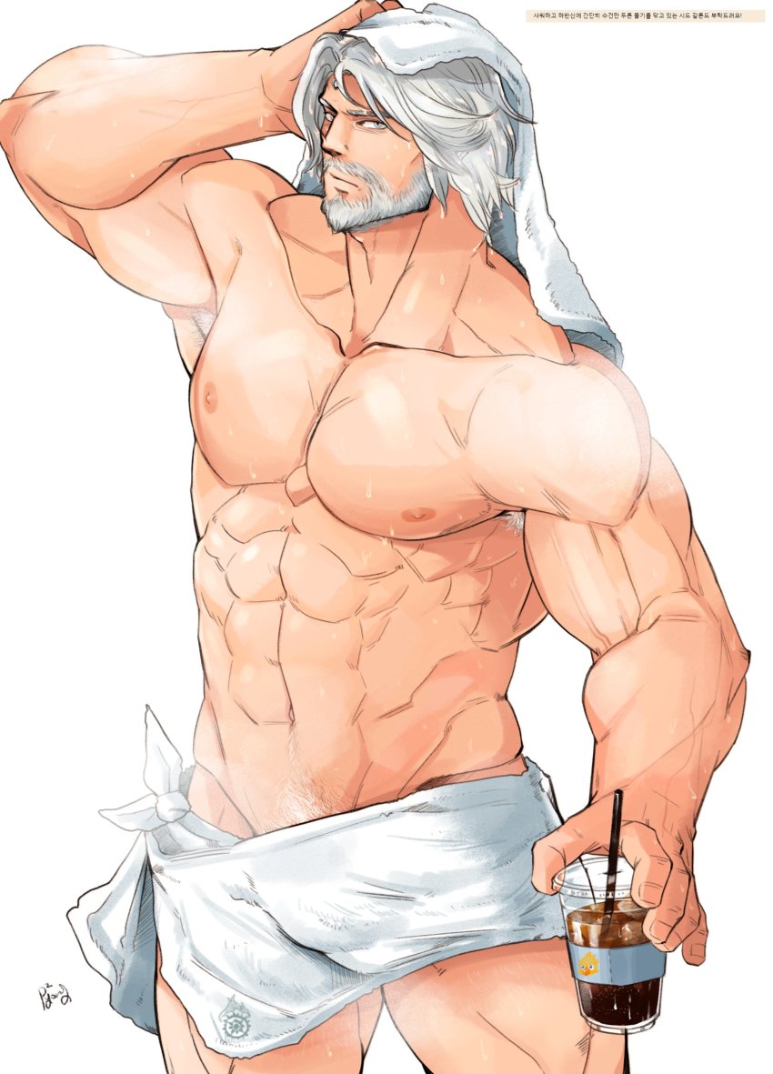 1boy, abs, absurdres, armpit_peek, bara, bare_pectorals, beard, bulge, cid_nan_garlond, cup, facial_hair, feet_out_of_frame, final_fantasy, final_fantasy_xiv, hand_on_own_head, highres, holding, holding_cup, large_pectorals, looking_at_viewer, male_focus, male_pubic_hair, mature_male, medium_hair, muscular, muscular_male, mustache, naked_towel, navel, navel_hair, nipples, pectorals, ppyong, pubic_hair, pubic_hair_peek, silver_hair, solo, steam, stomach, thighs, topless_male, towel, towel_around_waist, towel_on_head, wet, white_background