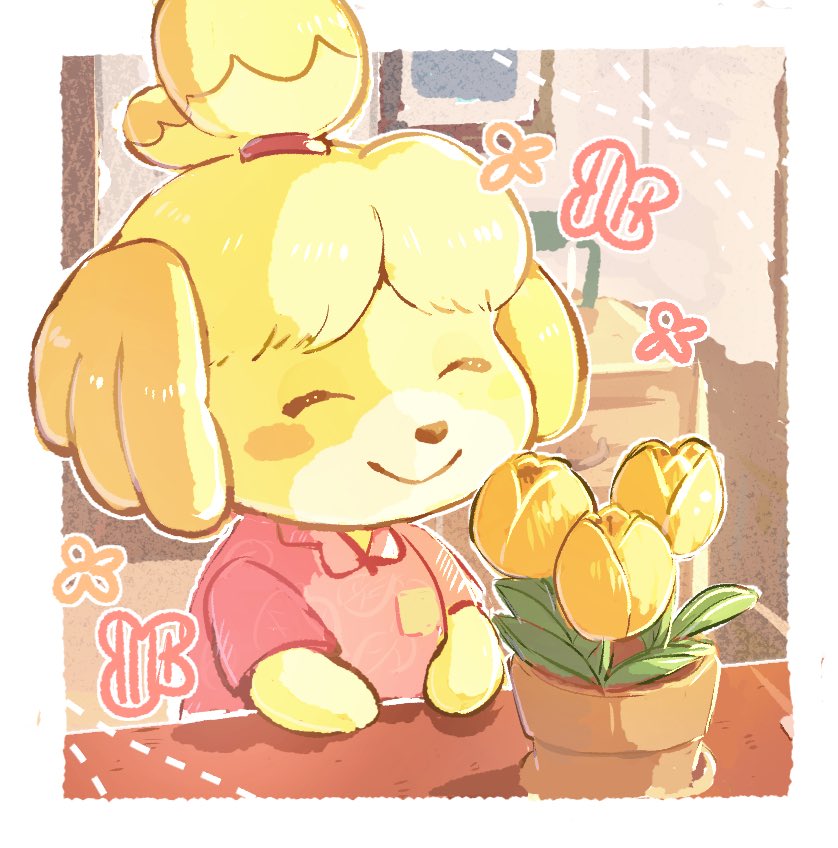 1girl, animal_crossing, animal_crossing:_new_horizons, blush_stickers, border, breast_pocket, closed_eyes, closed_mouth, collared_shirt, commentary_request, flower, indoors, isabelle_(animal_crossing), leaf, nao_(naaa_195), nintendo, pink_shirt, plant, pocket, potted_plant, shirt, short_sleeves, smile, solo, white_border, yellow_flower