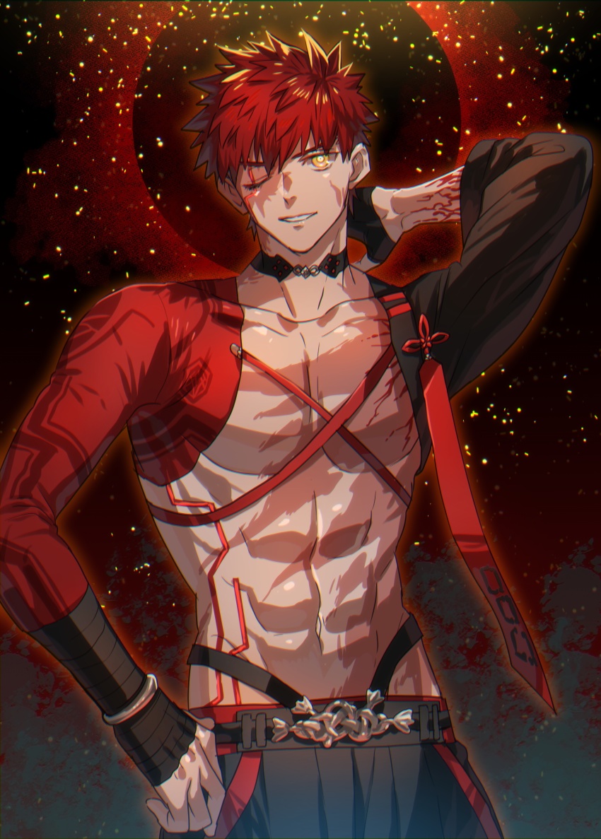 1boy, abs, absurdres, belt, black_choker, black_gloves, black_pants, bracelet