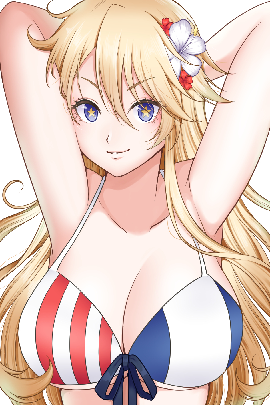 1girl, alternate_costume, american_flag, american_flag_bikini, american_flag_print, arms_behind_head, arms_up, bikini