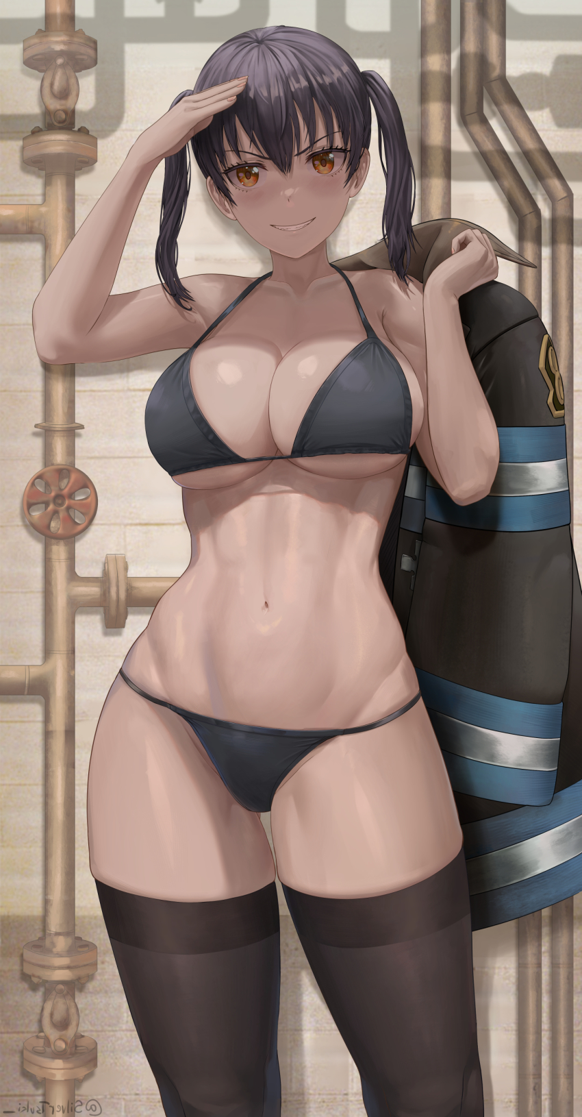 1girl, absurdres, arm_up, bare_shoulders, bikini, black_bikini, black_coat, black_hair, black_thighhighs, breasts, cleavage, coat, collarbone, curvy, en'en_no_shouboutai, gluteal_fold, grin, halterneck, highres, holding, industrial_pipe, large_breasts, long_hair, looking_at_viewer, navel, orange_eyes, parted_lips, salute, shiny_skin, short_hair, short_twintails, silvertsuki, smile, solo, standing, stomach, string_bikini, swimsuit, tamaki_kotatsu, thighhighs, thighs, thong, thong_bikini, toned, twintails, unworn_coat, v-shaped_eyebrows, wide_hips