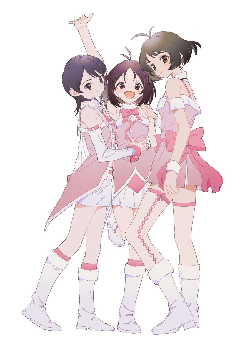 1boy, 2girls, :d, akizuki_ryo, antenna_hair, armpits, blush, boots, crossdressing, cute_&amp;_girly_(idolmaster), dearly_stars_(idolmaster), dobudouhu, dress, fur-trimmed_boots, fur_trim, hand_on_another's_shoulder, hidaka_ai, highres, idol, idolmaster, idolmaster_dearly_stars, looking_at_viewer, looking_to_the_side, mizutani_eri, multiple_girls, open_mouth, outstretched_arm, short_hair, simple_background, sleeveless, sleeveless_dress, smile, trap, white_background, white_boots