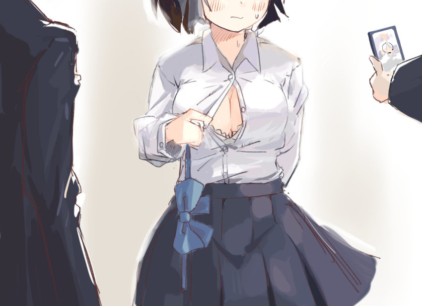 1girl, 2boys, arm_behind_back, black_hair, black_skirt, blush, bra, bra_peek, breasts, cellphone, cleavage, embarrassed, head_out_of_frame, holding, holding_phone, multiple_boys, unworn_neckwear, nep_(nep_76), original, partially_unbuttoned, phone, pleated_skirt, school_uniform, shirt, short_hair, skirt, smartphone, underwear, white_shirt