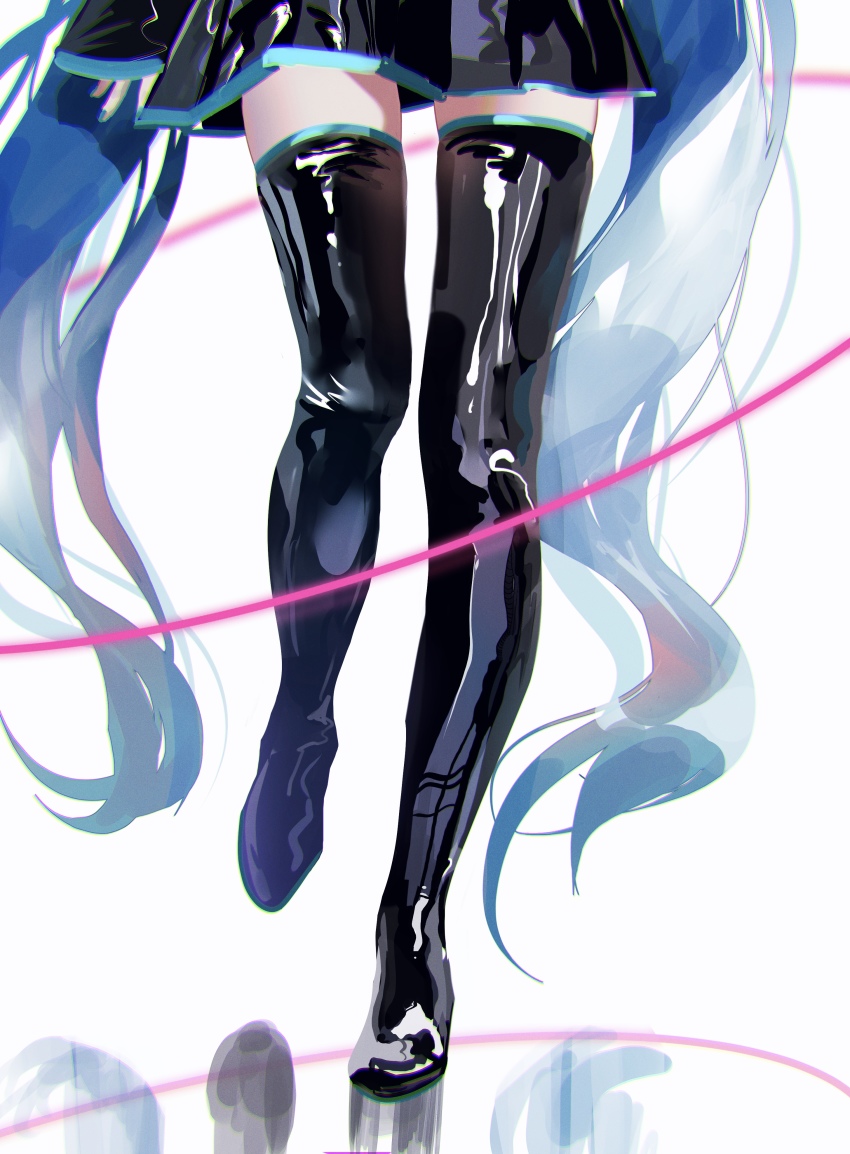 1girl, absurdres, aqua_hair, black_skirt, black_thighhighs, boots, commentary, hatsune_miku