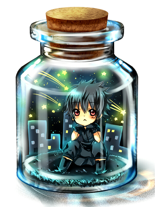 10s, 1boy, :<, arakunae, bad_id, bad_pixiv_id, black_hair, blush, bottle_meme_(pixiv), chibi, final_fantasy, final_fantasy_xv, jar, male_focus, noctis_lucis_caelum, red_eyes, solo
