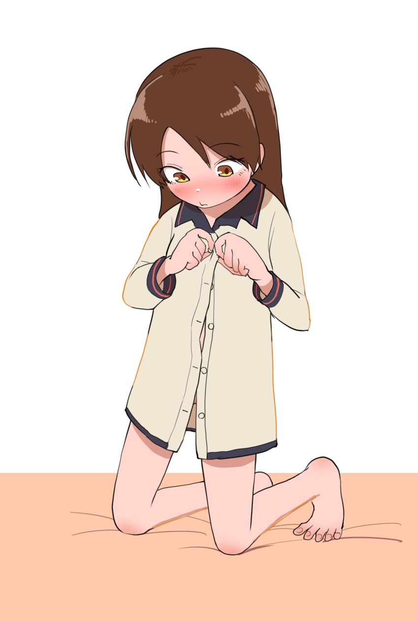 1girl, absurdres, alternate_costume, alternate_hairstyle, barefoot, brown_eyes, brown_hair, buttons