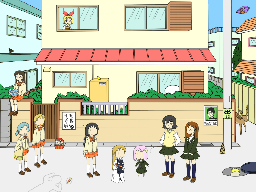 2boys, 6+girls, aioi_yuuko, aircraft, annaka_haruna, bad_id, bad_pixiv_id, bamboo_shoot, bird, book, butter_(artist), cat, child, crossover, crow, crow_(nichijou), cube_hair_ornament, daruma_doll, deer, dirigible, flower, glasses, hair_flower, hair_ornament, harumi_nation, highres, hosono_harumi, lab_coat, manhole, manhole_cover, minakami_mai, mogura_(nichijou), mohawk, multiple_boys, multiple_girls, naganohara_mio, nakanojou_tsuyoshi, name_connection, nichijou, outdoors, outline, oversized_clothes, parody, poster_(object), professor_shinonome, sakamoto_(nichijou), sakamoto_kaju, school_uniform, shinonome_nano, short_twintails, sitting_on_wall, skirt, style_parody, takahashi_yuki, tokisadame_school_uniform, twintails, winding_key, |_|