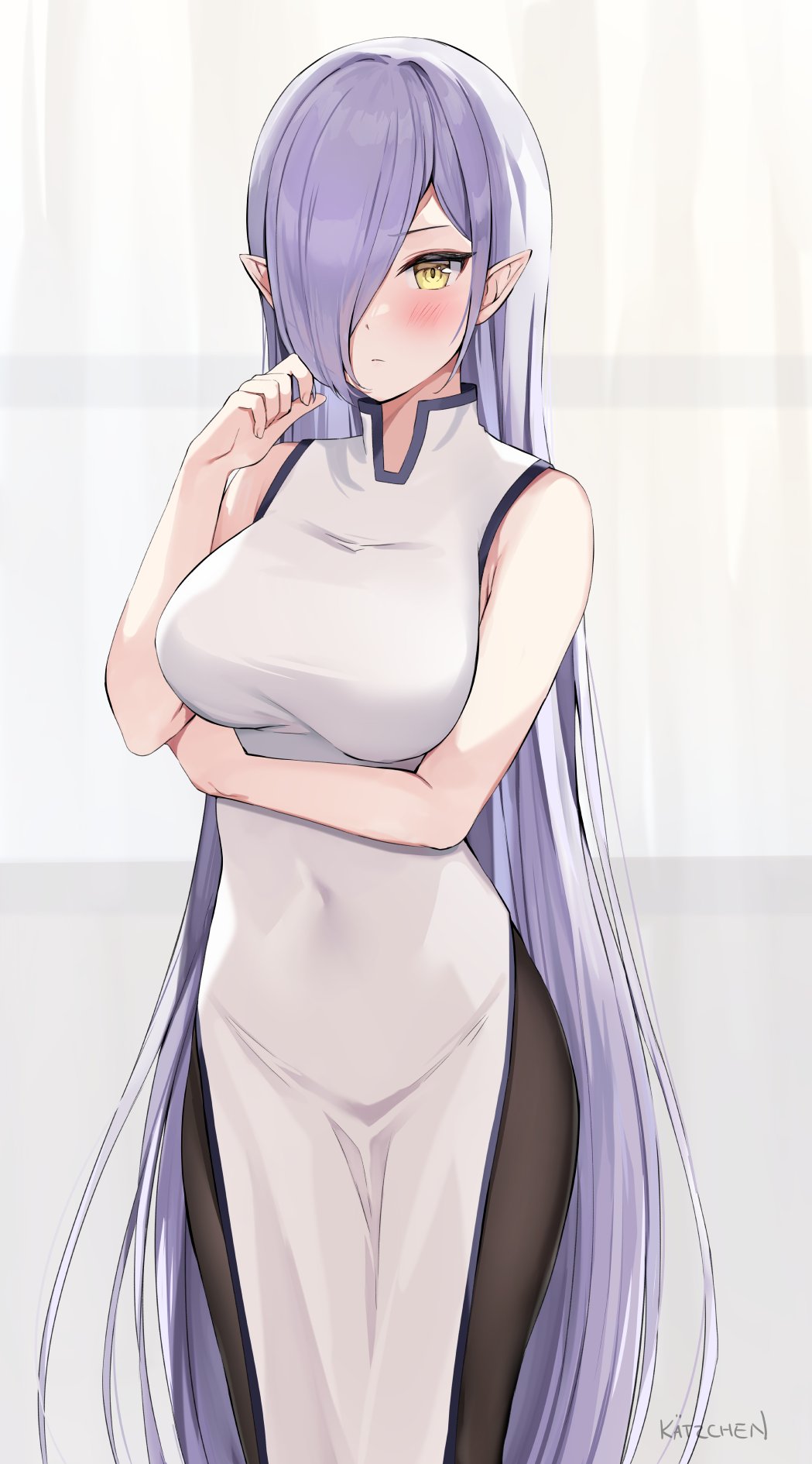 1girl, arm_under_breasts, artist_name, bare_arms, bare_shoulders, black_pantyhose, blush, breasts, closed_mouth, covered_navel, cowboy_shot, dress, grey_background, grey_dress, hair_over_one_eye, hand_up, highres, kaetzchen, large_breasts, long_hair, looking_at_viewer, meki, meki_(peach_boy_riverside), pantyhose, peach_boy_riverside, pointy_ears, purple_hair, shiny_clothes, sleeveless, sleeveless_dress, standing, very_long_hair, yellow_eyes