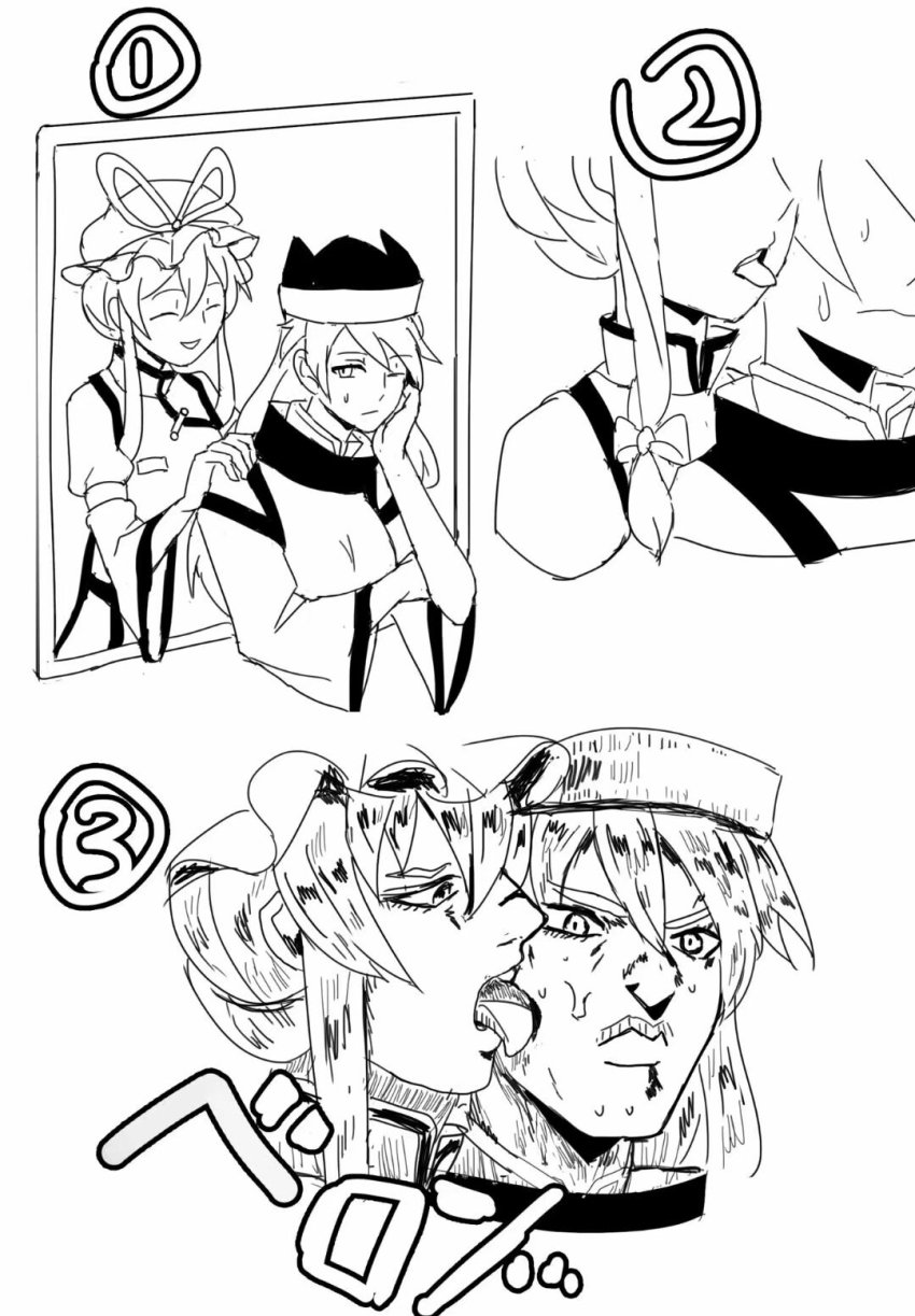 2girls, araki_hirohiko_(style), arong, closed_eyes, commentary, detached_sleeves, greyscale, hair_between_eyes