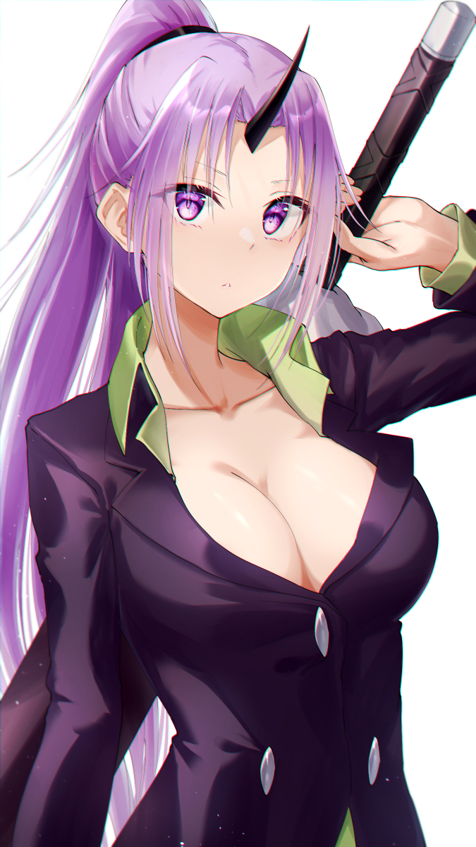 1girl, arm_behind_back, bad_id, bad_pixiv_id, black_headband, black_horns, blazer, breasts, claymore_(sword), cleavage, closed_mouth, collarbone, collared_shirt, formal_clothes, green_shirt, hair_between_eyes, head_tilt, headband, highres, holding, holding_sword, holding_weapon, horn, horns, jacket, large_breasts, light_purple_hair, long_hair, long_sleeves, looking_at_viewer, meen_(ouaughikepdvrsf), multicolored_hair, office_lady, oni, oni_girl, oni_horn, oni_horns, open_clothes, ponytail, purple_eyes, purple_hair, purple_suit, shion_(tensura), shirt, simple_background, single_horn, solo, streaked_hair, suit, sword, tensei_shitara_slime_datta_ken, two-tone_hair, upper_body, very_long_hair, weapon, white_background