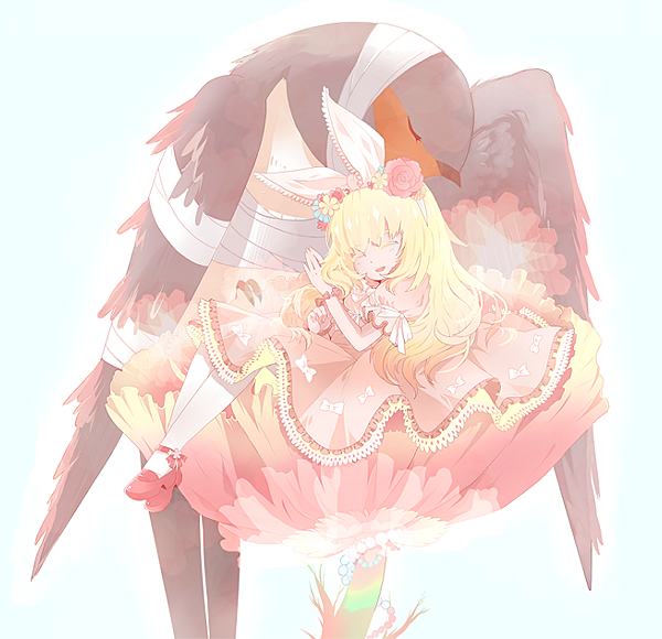 andersen's_fairy_tales, bad_id, bad_pixiv_id, bandages, bird, blonde_hair, bow, bracelet