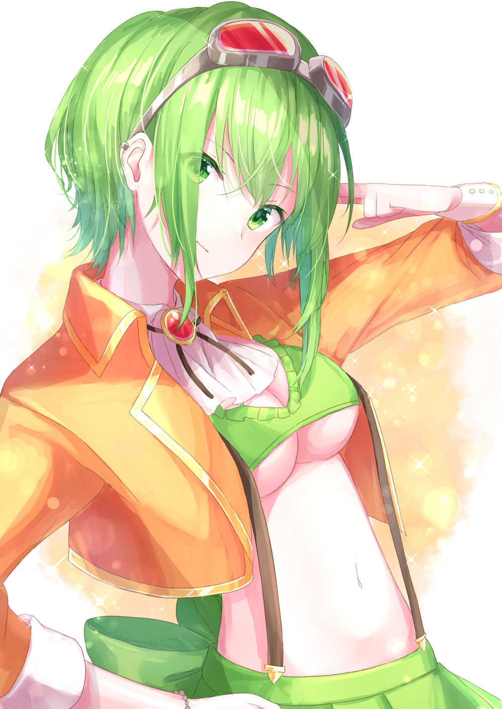 1girl, arm_up, ascot, breasts, brooch, closed_mouth, cropped_jacket, gem