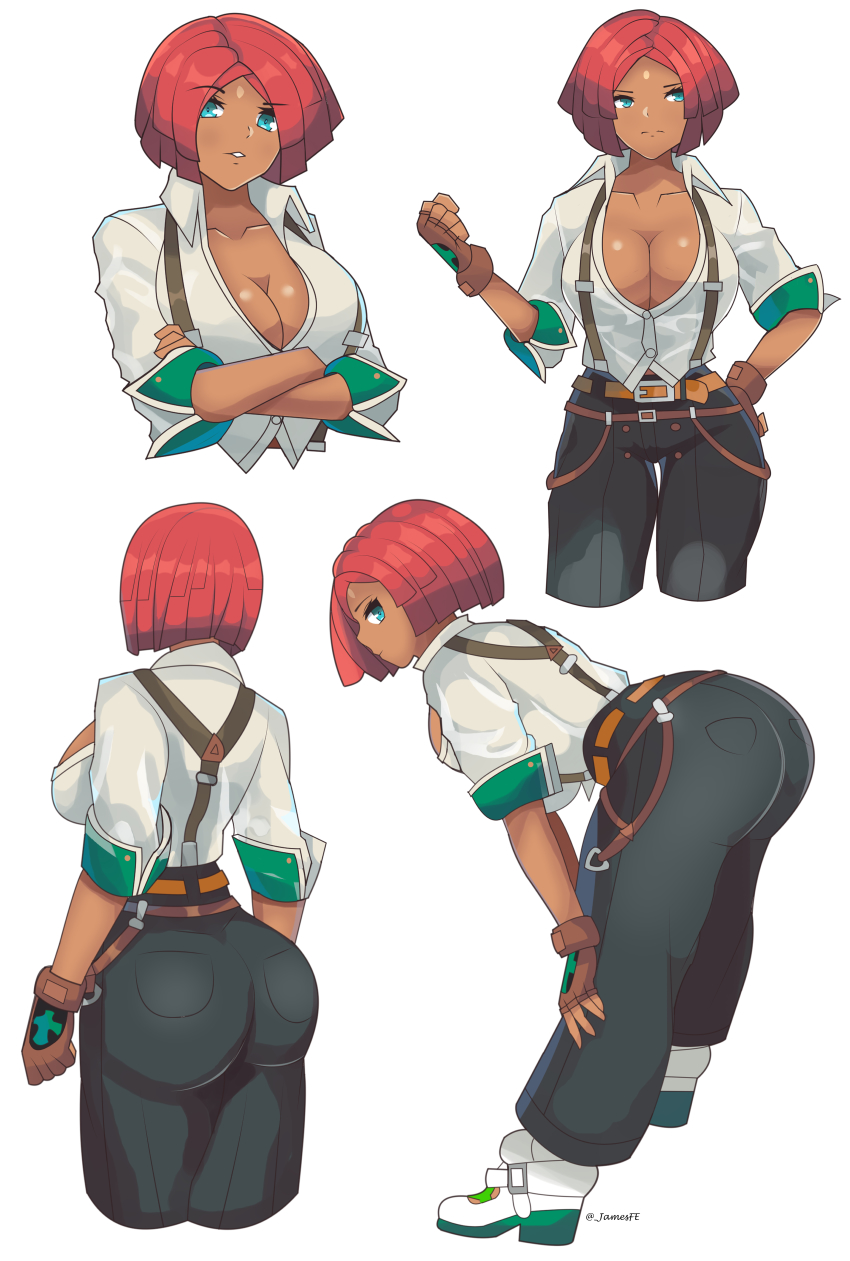 1girl, absurdres, arc_system_works, ass, belt, blue_eyes, breasts, buttons, cleavage, dark-skinned_female, dark_skin, djames, giovanna_(guilty_gear), guilty_gear, highres, large_breasts, pants, red_hair, short_hair, suspenders