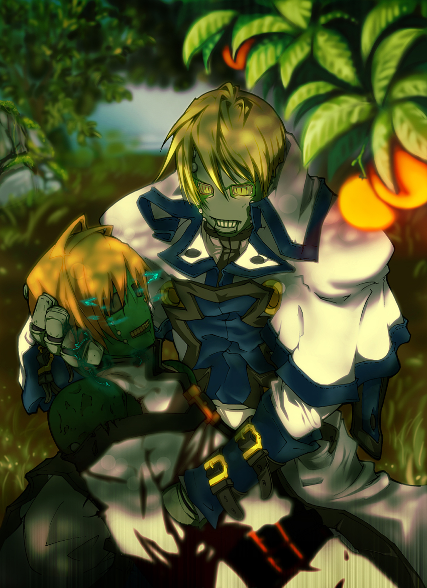 2boys, arc_system_works, blonde_hair, clothed_robot, coat, guilty_gear, highres, kuku_(xx81), multiple_boys, robo-ky, robot, short_hair