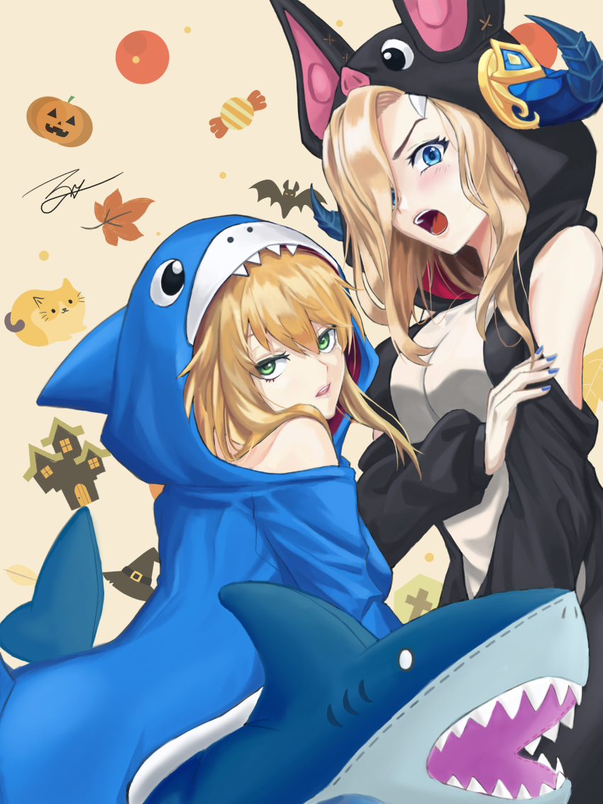 2girls, absurdres, animal_costume, bat_costume, blonde_hair, blue_eyes, blush, breasts