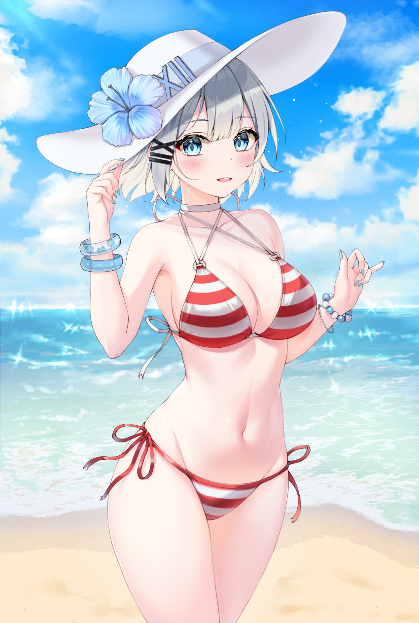 1girl, absurdres, beach, bead_bracelet, beads, bikini, blue_eyes, blue_flower, blue_nails, blue_sky, blush, bracelet, breasts, choker, commentary_request, commission, cowboy_shot, curvy, day, flower, groin, hair_ornament, halterneck, hat, hat_flower, hibiscus, highres, hip_focus, huge_filesize, jewelry, korean_commentary, kuca_(ku_ca18), large_breasts, looking_at_viewer, nail_polish, navel, o-ring, o-ring_bikini, ocean, open_mouth, pixiv_commission, short_hair, side-tie_bikini_bottom, siesta_(tantei_wa_mou_shindeiru), silver_hair, sky, smile, solo, standing, stomach, string_bikini, striped_bikini, striped_clothes, sun_hat, swimsuit, tantei_wa_mou_shindeiru, water, white_choker, white_hat, x_hair_ornament