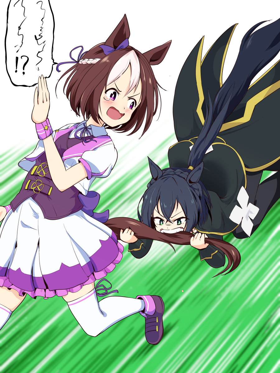 2girls, animal_ears, biting, black_hair, bodice, braid, brown_hair, cropped_jacket