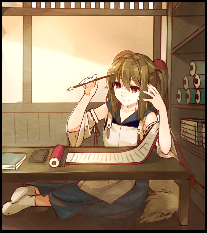 10setuka, 1girl, aquaplus, brown_hair, closed_mouth, collarbone, dress, full_body