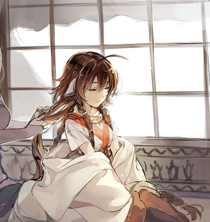 10setuka, 2girls, absurdly_long_hair, age_difference, ahoge, ainu_clothes, animal_ears, anju_(utawarerumono), aquaplus, breasts, brown_hair, closed_mouth, collarbone, brushing_hair, crop_top, eyelashes, hair_between_eyes, hair_ornament, hand_in_another's_hair, indoors, jewelry, large_breasts, light_particles, long_hair, long_sleeves, midriff_peek, multiple_girls, munechika, necklace, nose, short_sleeves, sidelocks, sitting, small_breasts, utawarerumono, utawarerumono:_futari_no_hakuoro, utawarerumono:_itsuwari_no_kamen, very_long_hair, window