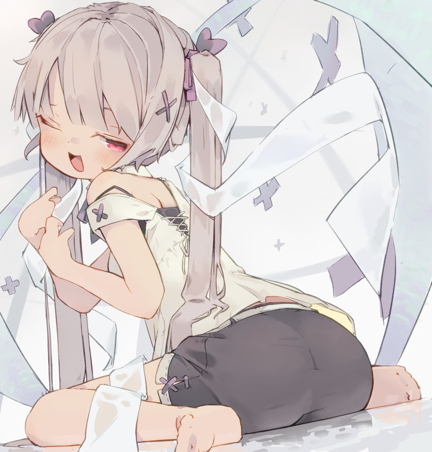 1girl, :d, ass, black_shorts, female_focus, from_behind, grey_hair, hair_intakes