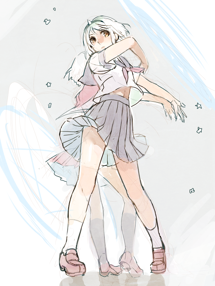 10setuka, 2girls, aquaplus, bare_legs, breasts, brown_eyes, closed_mouth, from_behind, from_below, full_body, headband, looking_to_the_side, midriff_peek, multiple_girls, saraana, school_uniform, shoes, short_sleeves, siblings, sisters, skirt, small_breasts, socks, standing, thighs, twins, uruuru, utawarerumono, utawarerumono:_itsuwari_no_kamen, white_hair