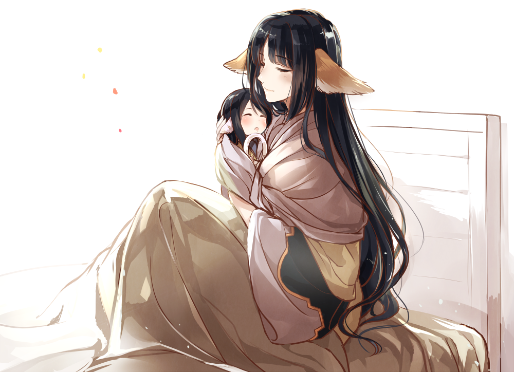 10setuka, 2girls, aged_down, aged_up, ainu_clothes, animal_ears, aquaplus, baby, bed, bed_frame, bed_sheet, black_hair, blanket, blush, carrying, carrying_person, closed_eyes, closed_mouth, eyelashes, family, from_side, hand_on_another's_head, holding, holding_person, indoors, knees_up, kuon_(utawarerumono), long_hair, long_sleeves, mother_and_child, mother_and_daughter, multiple_girls, nose, parent_and_child, utawarerumono, utawarerumono:_itsuwari_no_kamen, very_long_hair, wavy_hair, yuzuha_(utawarerumono)