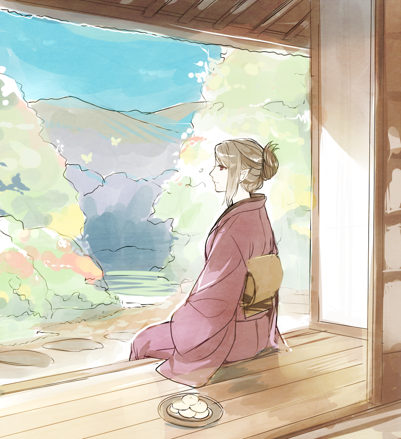 10setuka, 1girl, aquaplus, breasts, brown_hair, closed_mouth, food, from_behind