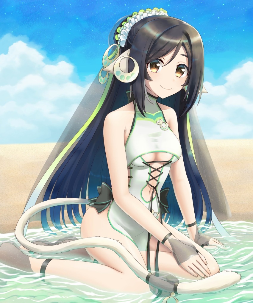 1girl, animal_ears, aquaplus, ass, bare_legs, bare_shoulders, beach, black_hair